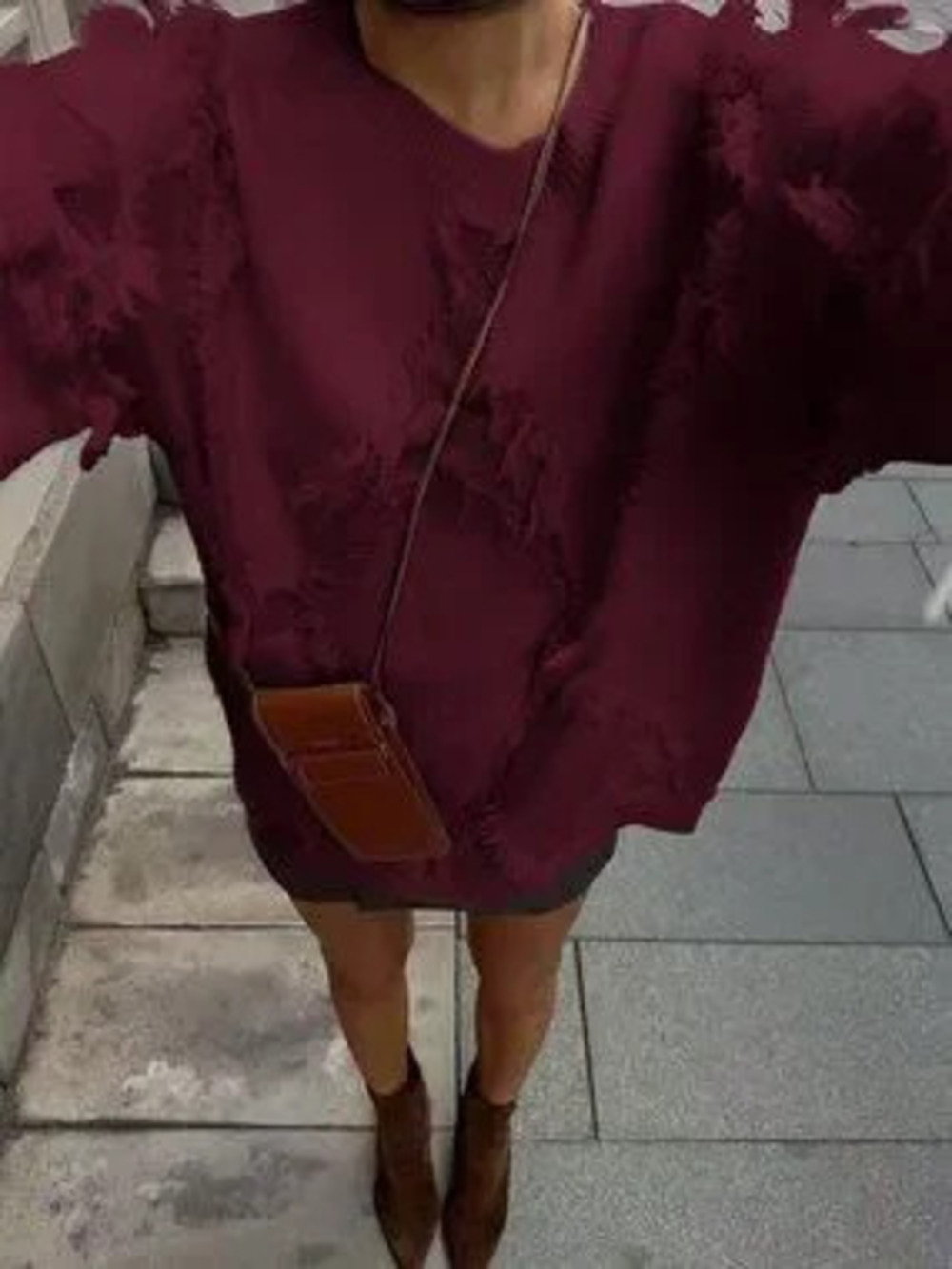 Burgundy Casual Women's Round Neck Loose Drop Shoulder Long Sleeve Pullover
